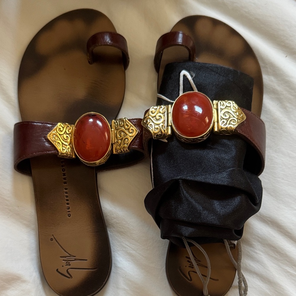 Giuseppe Zanotti Dark Brown Sandals with Gold and Red Accents